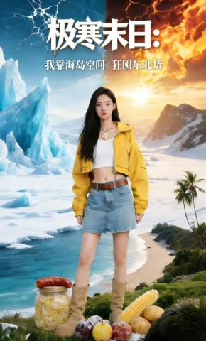 短剧《极寒末日：我靠海岛空间狂囤东北货》海报