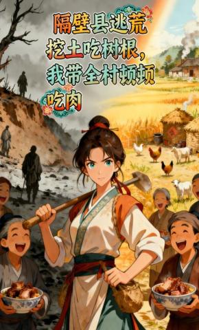 短剧《隔壁县逃荒挖土吃树根，我带全村顿顿吃肉》海报