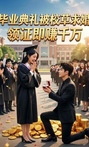 短剧《毕业典礼被校草求婚，领证即赚千万》海报
