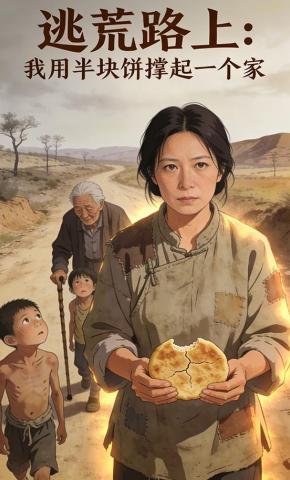 短剧《逃荒路上：我用半块饼撑起一个家》海报