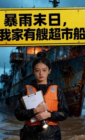 短剧《暴雨末日，我家有艘超市船》海报