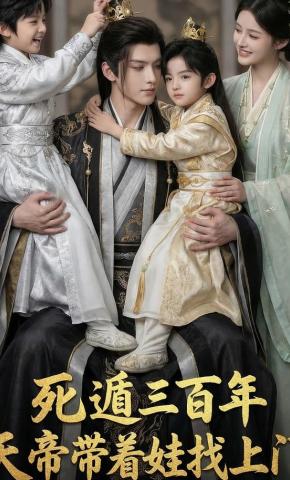 短剧《死遁三百年，天帝带着娃找上门》海报