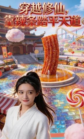 短剧《穿越修仙，靠辣条踏平天道》海报