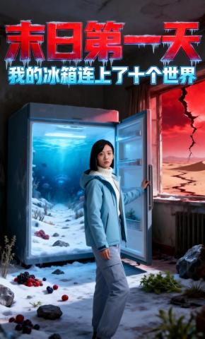 短剧《末日第一天，我的冰箱连上了十个世界》海报