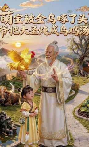 短剧《萌宝被金乌啄了头，爷把大圣炖成乌鸡汤》海报