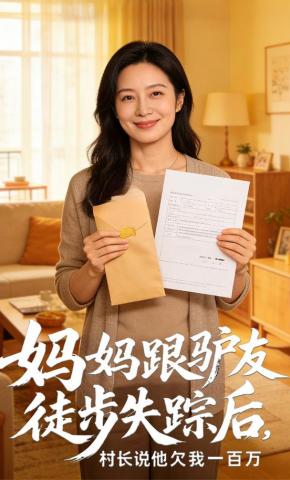短剧《妈妈跟驴友徒步失踪后，村长说他欠我一百万》海报