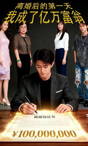 短剧《离婚后的第一天，我成了亿万富翁》海报