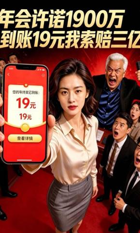 短剧《年会许诺1900万，到账19元我索赔三亿》海报