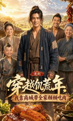 短剧《穿越饥荒年，我靠商城带全家顿顿吃肉》海报