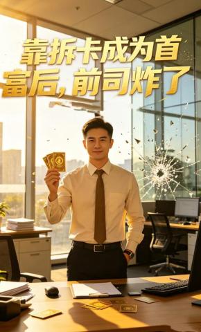 短剧《靠拆卡成为首富后，前司炸了》海报
