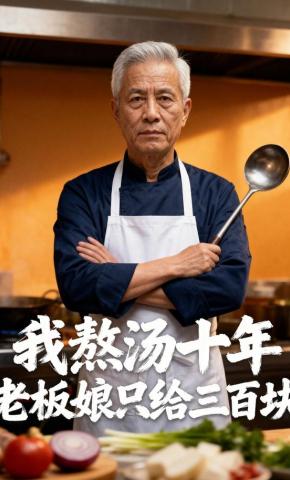 短剧《我熬汤十年，老板娘只给三百块》海报