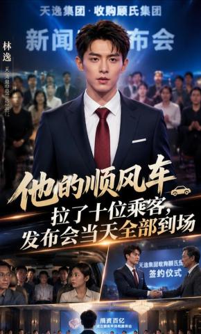 短剧《他的顺风车拉了十位乘客，发布会当天全部到》海报