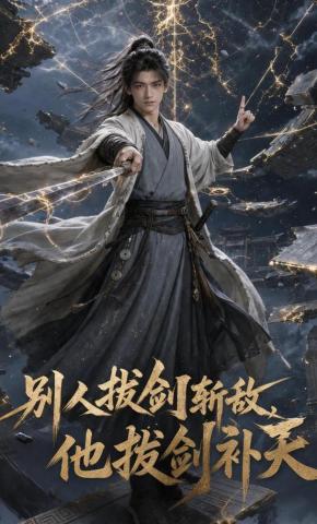 短剧《别人拔剑斩敌，他拔剑补天》海报