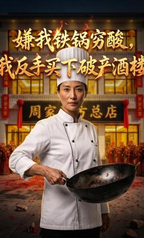 短剧《嫌我铁锅穷酸，我反手买下破产酒楼》海报
