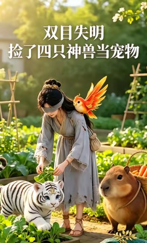 短剧《双目失明，捡了四只神兽当宠物》海报