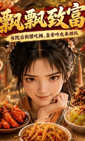 短剧《飘飘致富之书院后街摆吃摊，皇帝咋也来排队》海报