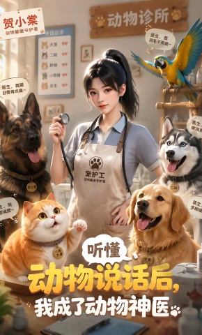 短剧《听懂动物说话后，我成了动物神医》海报